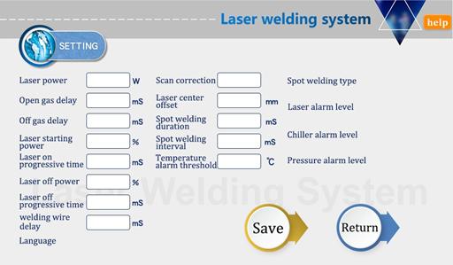 handheld welding machine setting page